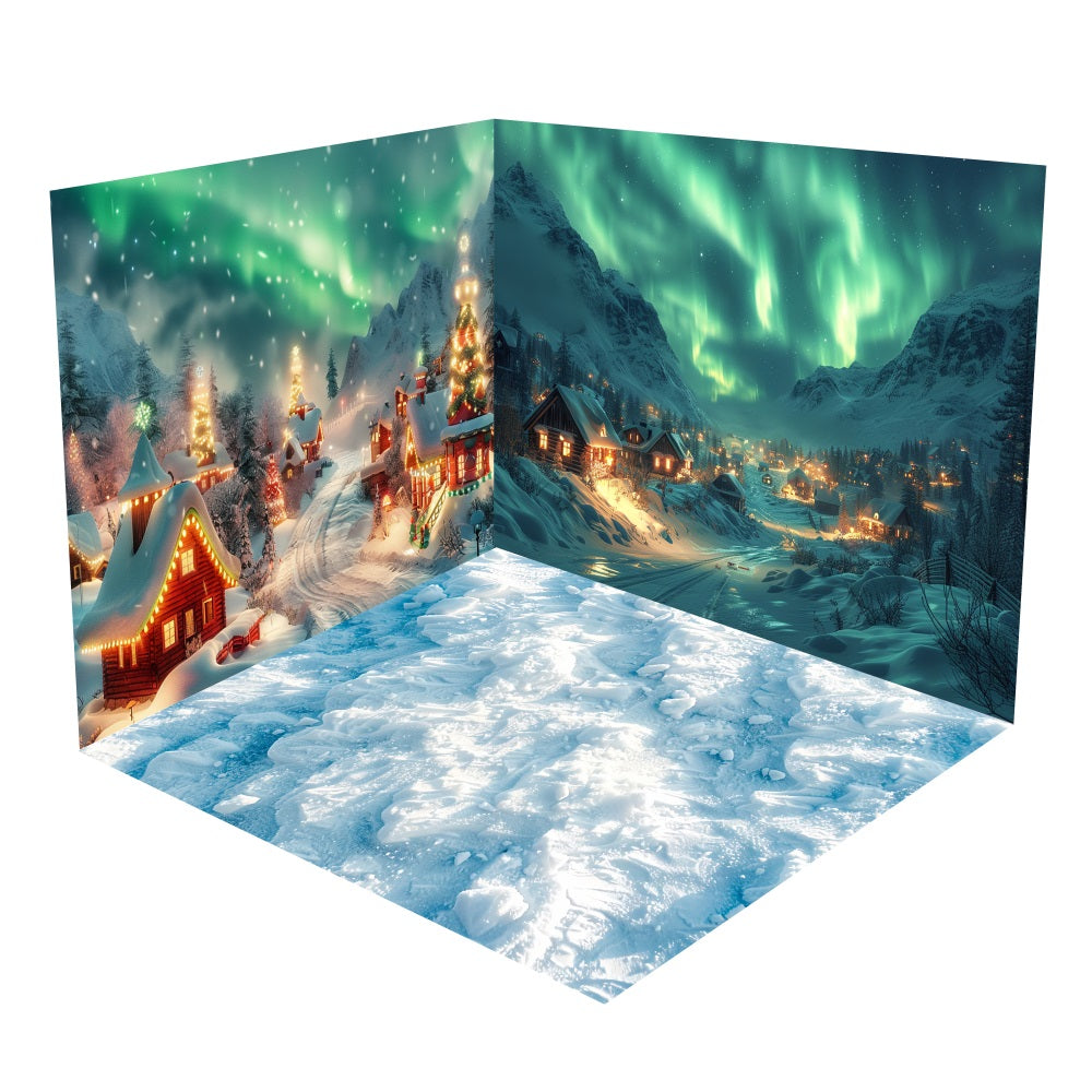 Winter Aurora Snowy Cottage Night Backdrop Room Set UK BRP10-436