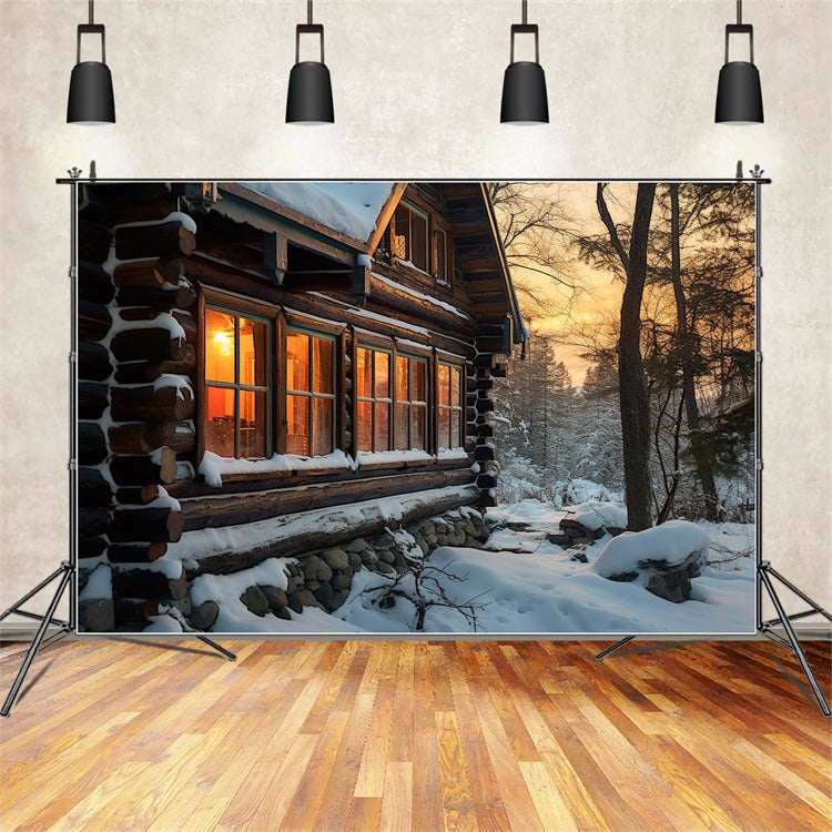 Winter Sunset Over Cozy Snowy Cabin Backdrop UK BRP10-45