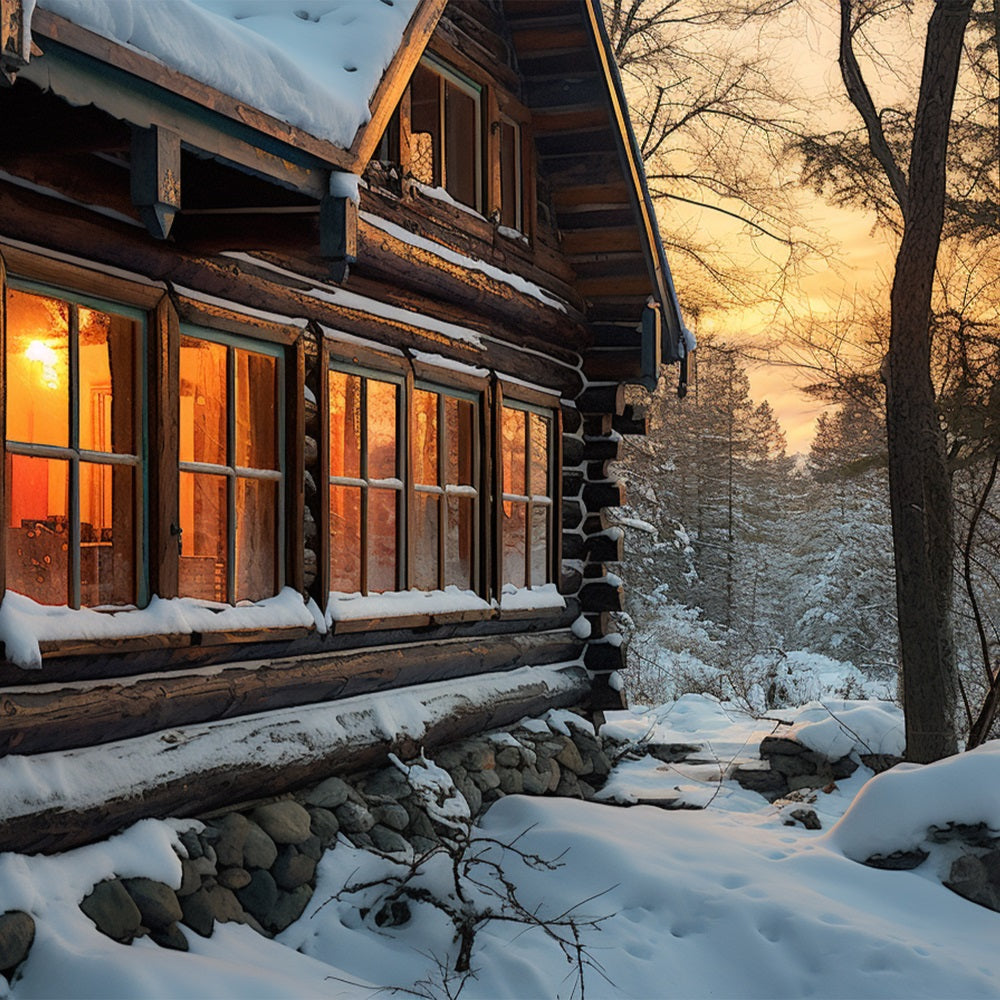 Winter Sunset Over Cozy Snowy Cabin Backdrop UK BRP10-45