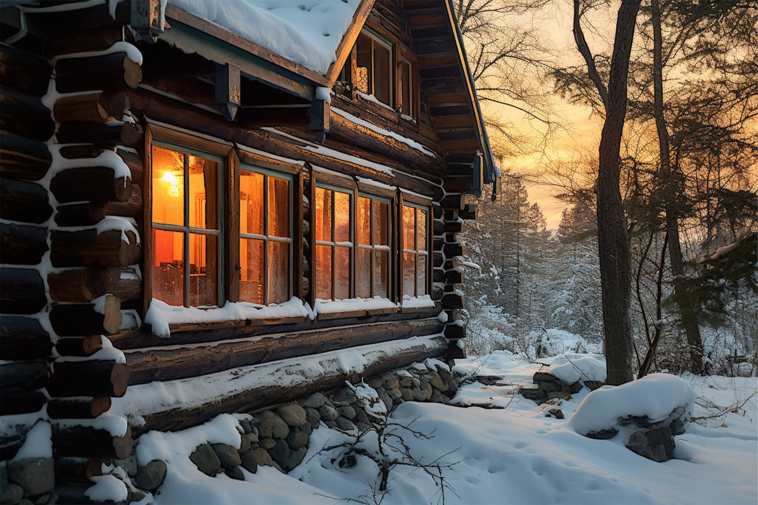 Winter Sunset Over Cozy Snowy Cabin Backdrop UK BRP10-45