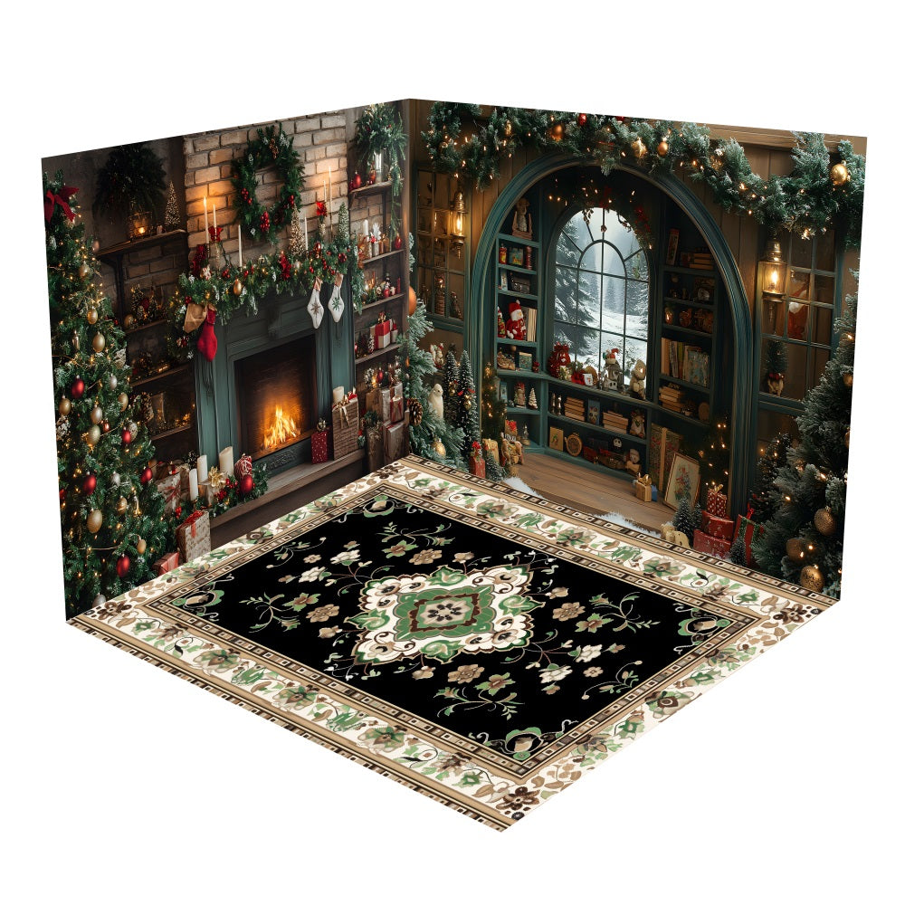 Christmas Fireplace Bookshelves Decor Backdrop Room Set UK BRP10-453