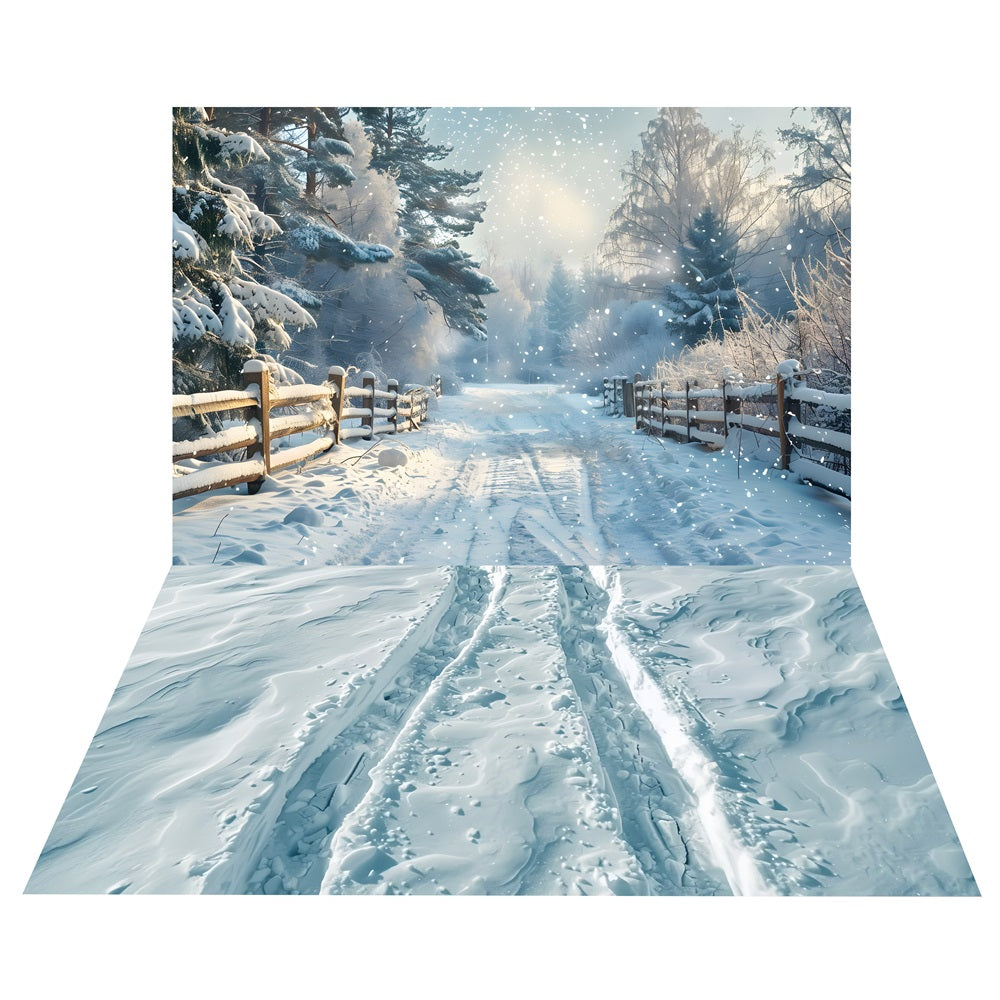 Winter Snowy Fence Trail Backdrop+Tracks Floor Backdrop UK BRP10-456