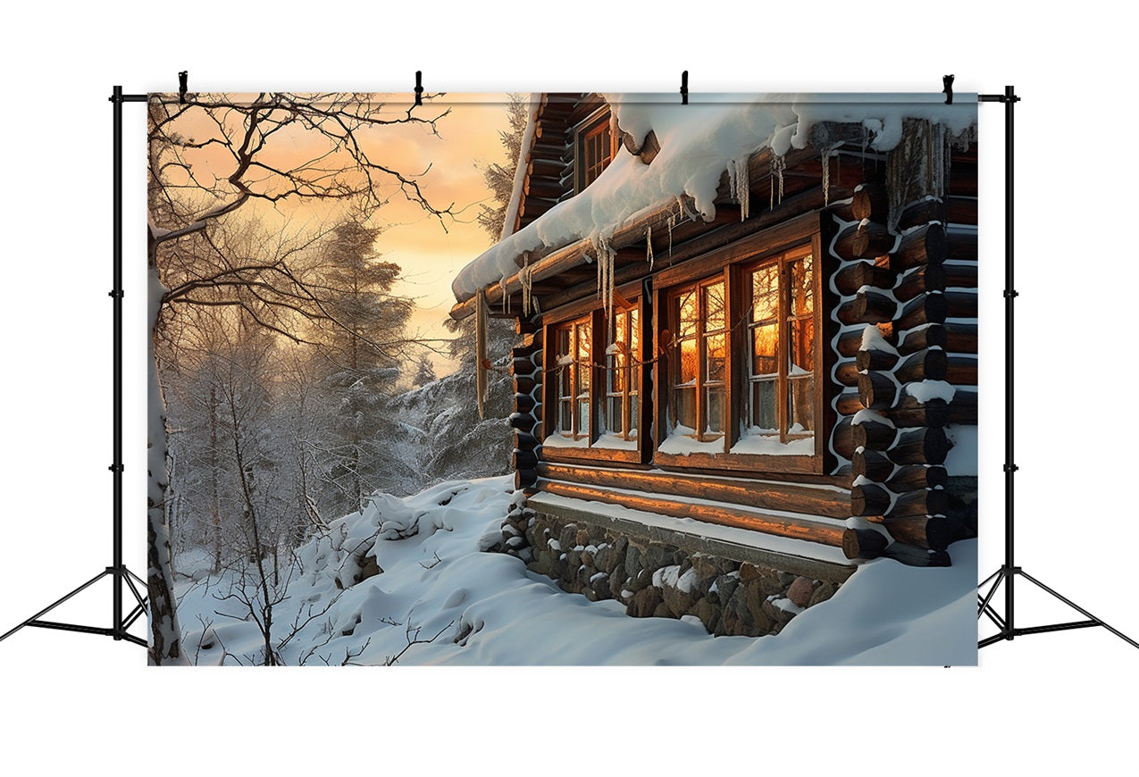 Winter Sunlit Wooden Cabin Snowy Trees Backdrop UK BRP10-46