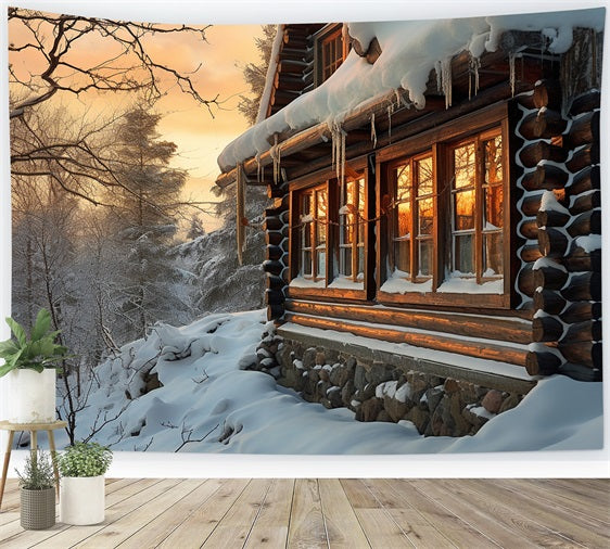 Winter Sunlit Wooden Cabin Snowy Trees Backdrop UK BRP10-46