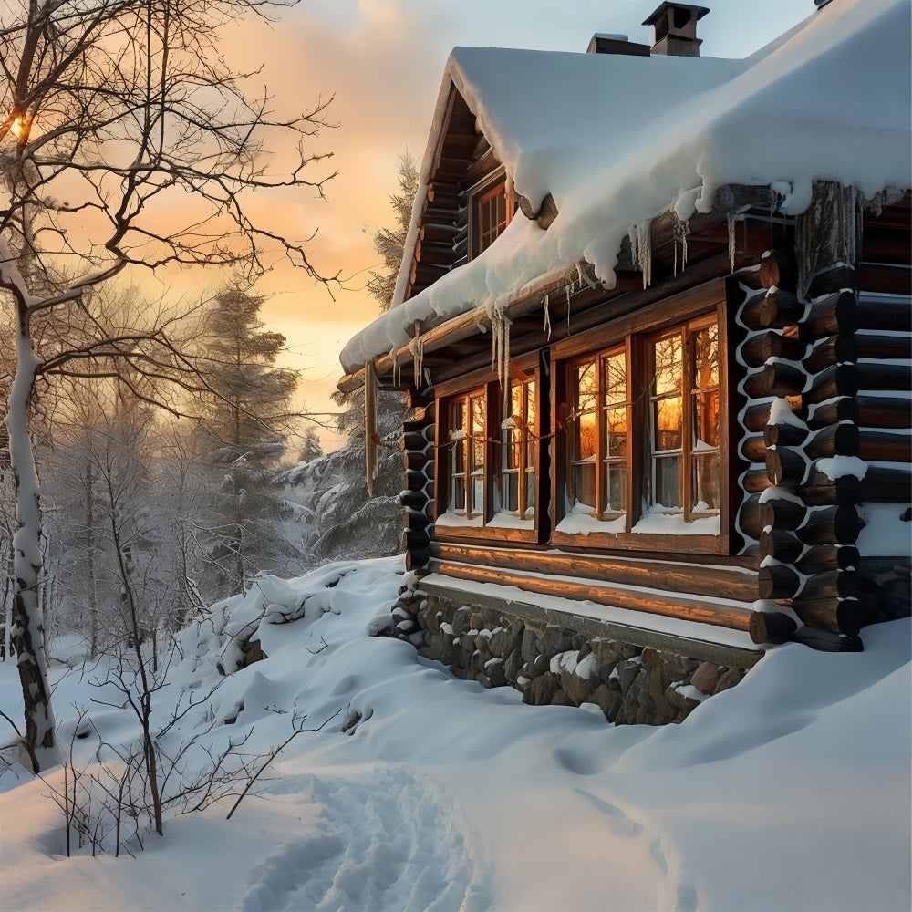 Winter Sunlit Wooden Cabin Snowy Trees Backdrop UK BRP10-46