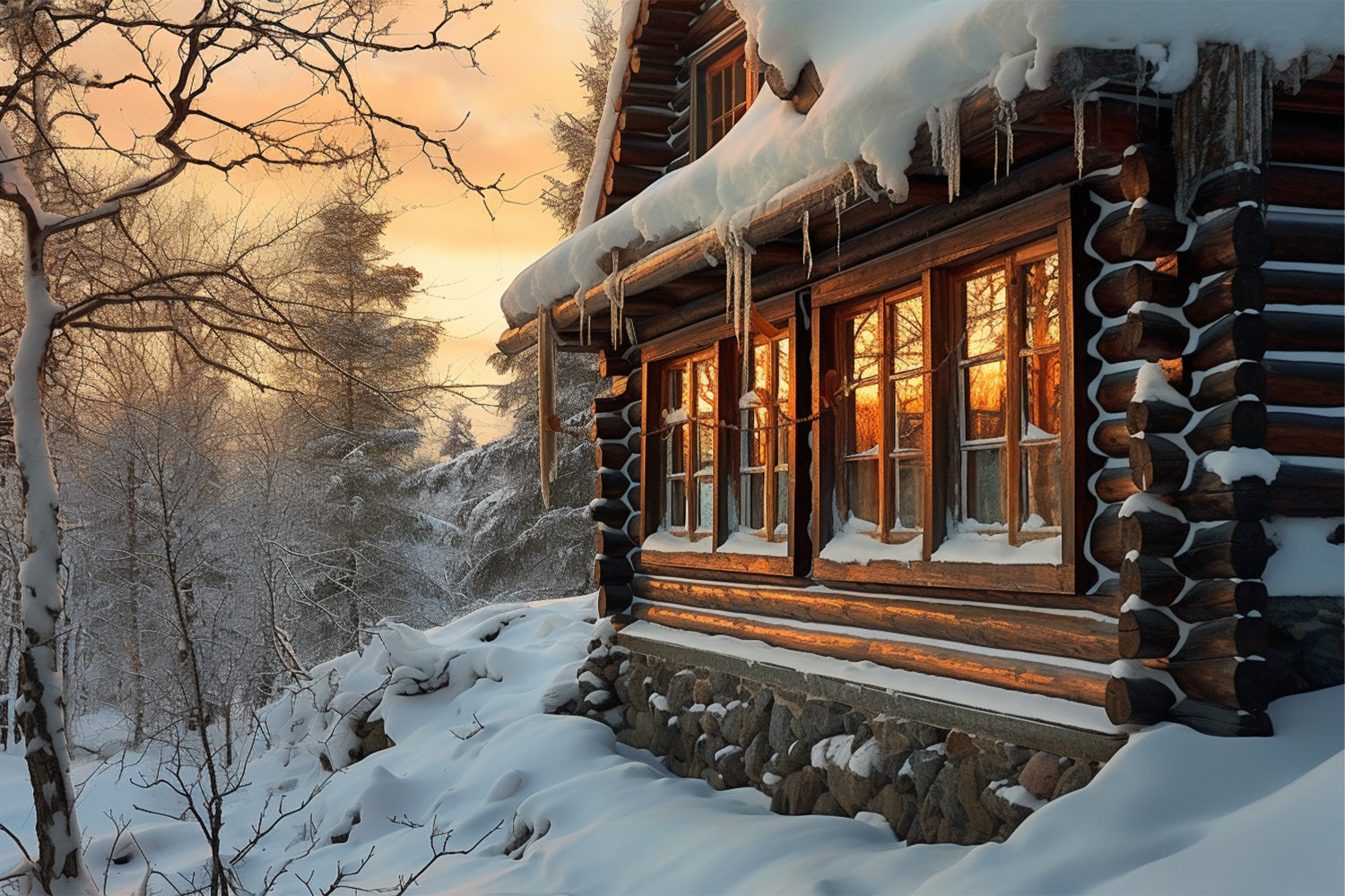 Winter Sunlit Wooden Cabin Snowy Trees Backdrop UK BRP10-46