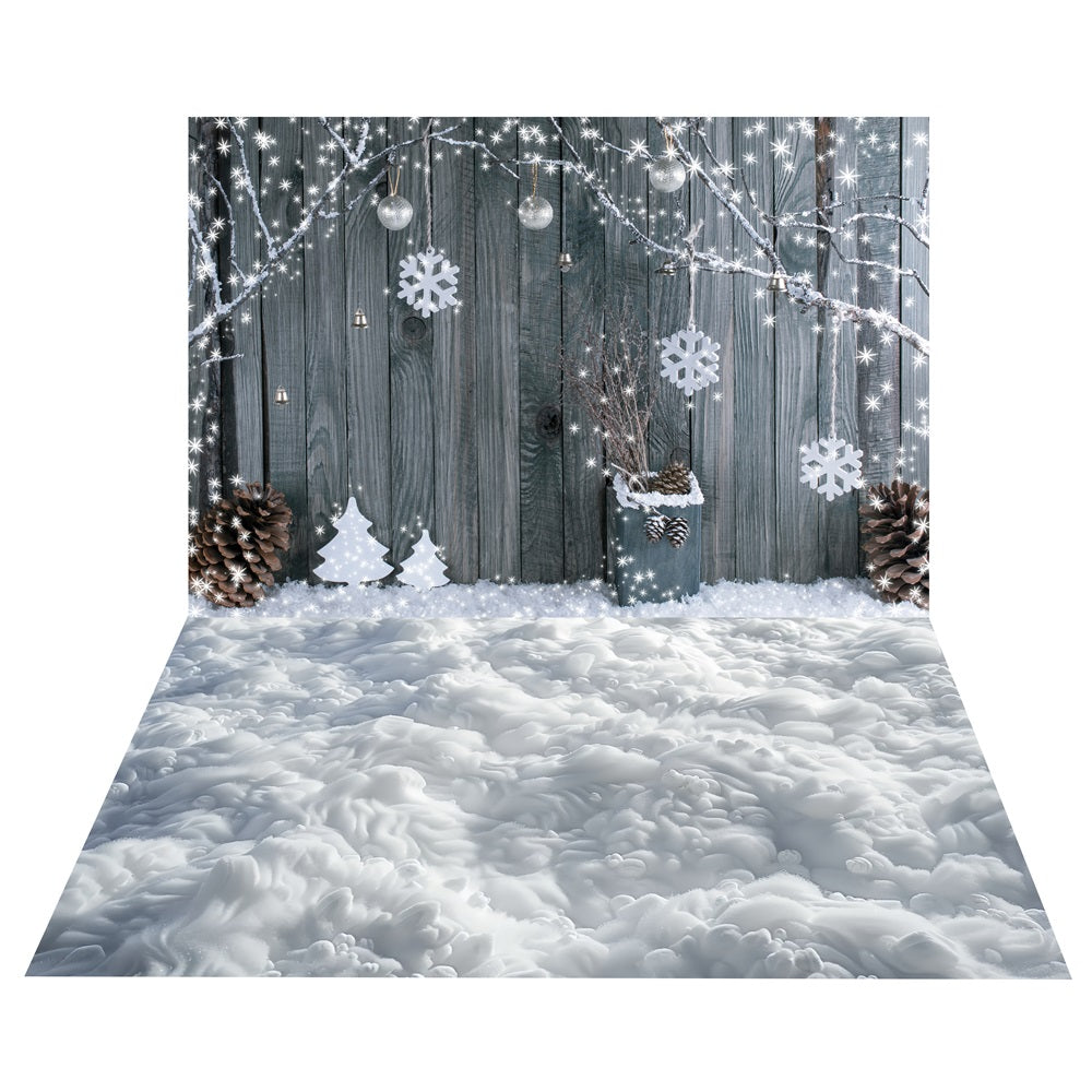 Winter Wood Fence Backdrop+Fluffy Snow Floor Backdrop UK BRP10-466