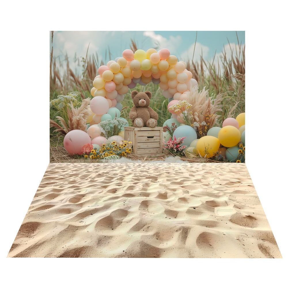 Balloon Arch Teddy Bear Backdrop+Sunny Sand Floor Backdrop UK BRP10-472