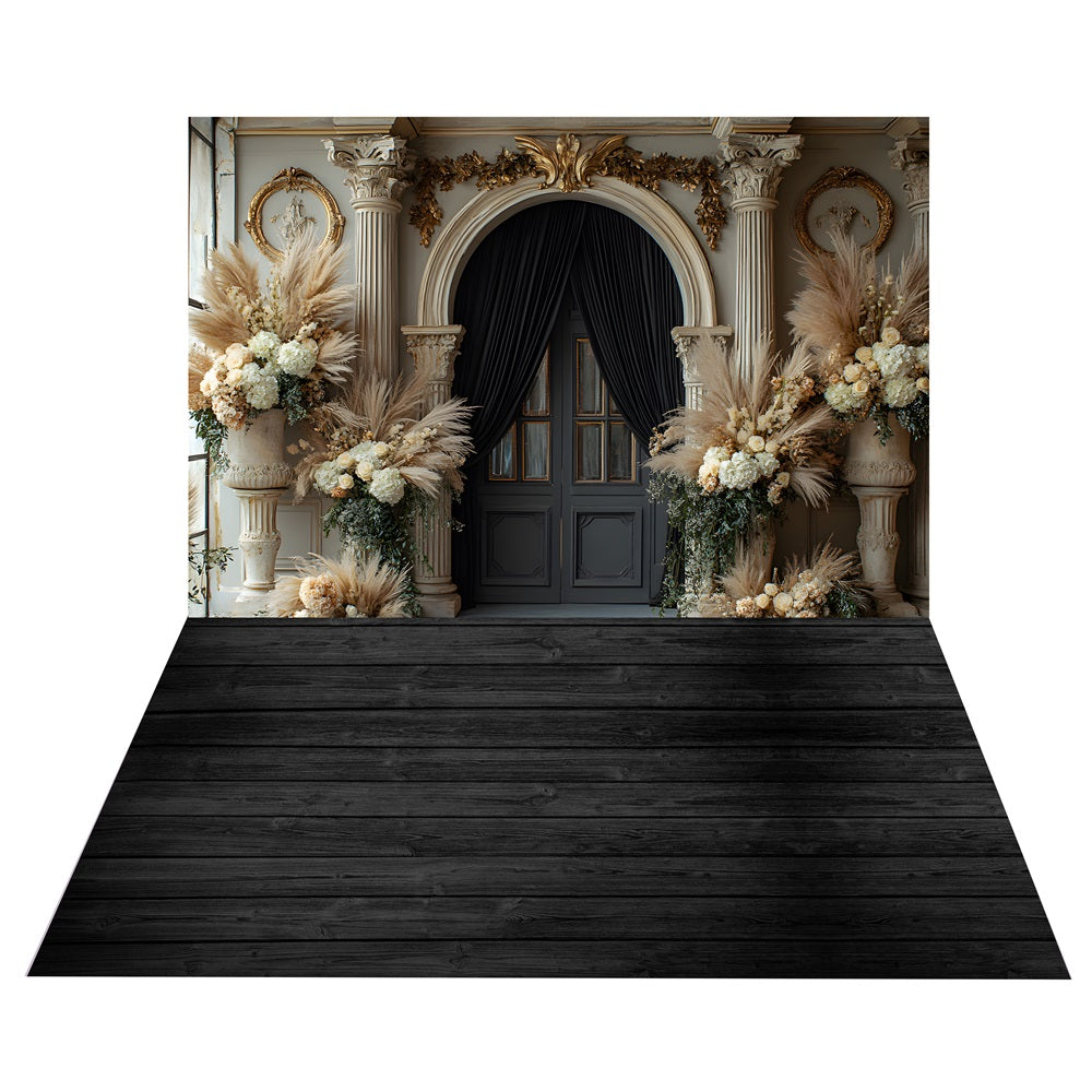 Boho Ornate Door Backdrop+Charcoal Timber Floor Backdrop UK BRP10-473