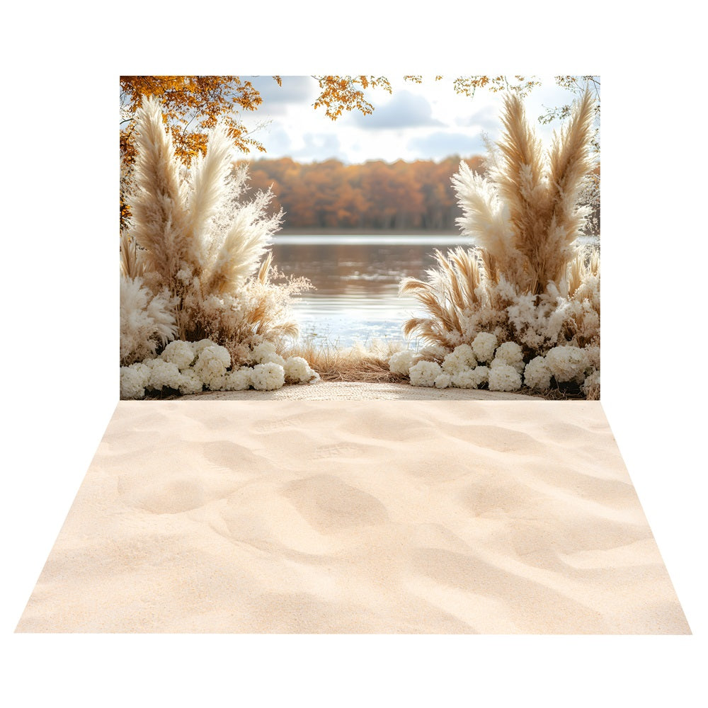 Boho Pampas Lakeside Scene Backdrop+Sand Texture Floor Backdrop UK BRP10-479