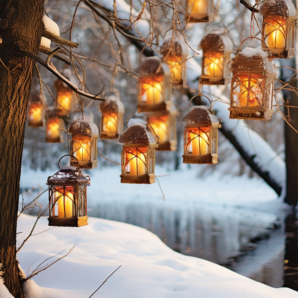 Winter Snowy Tree Hanging Lanterns Backdrop UK BRP10-48