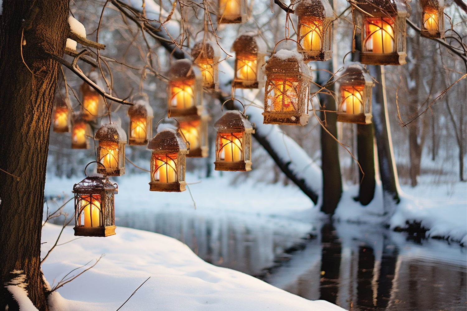 Winter Snowy Tree Hanging Lanterns Backdrop UK BRP10-48