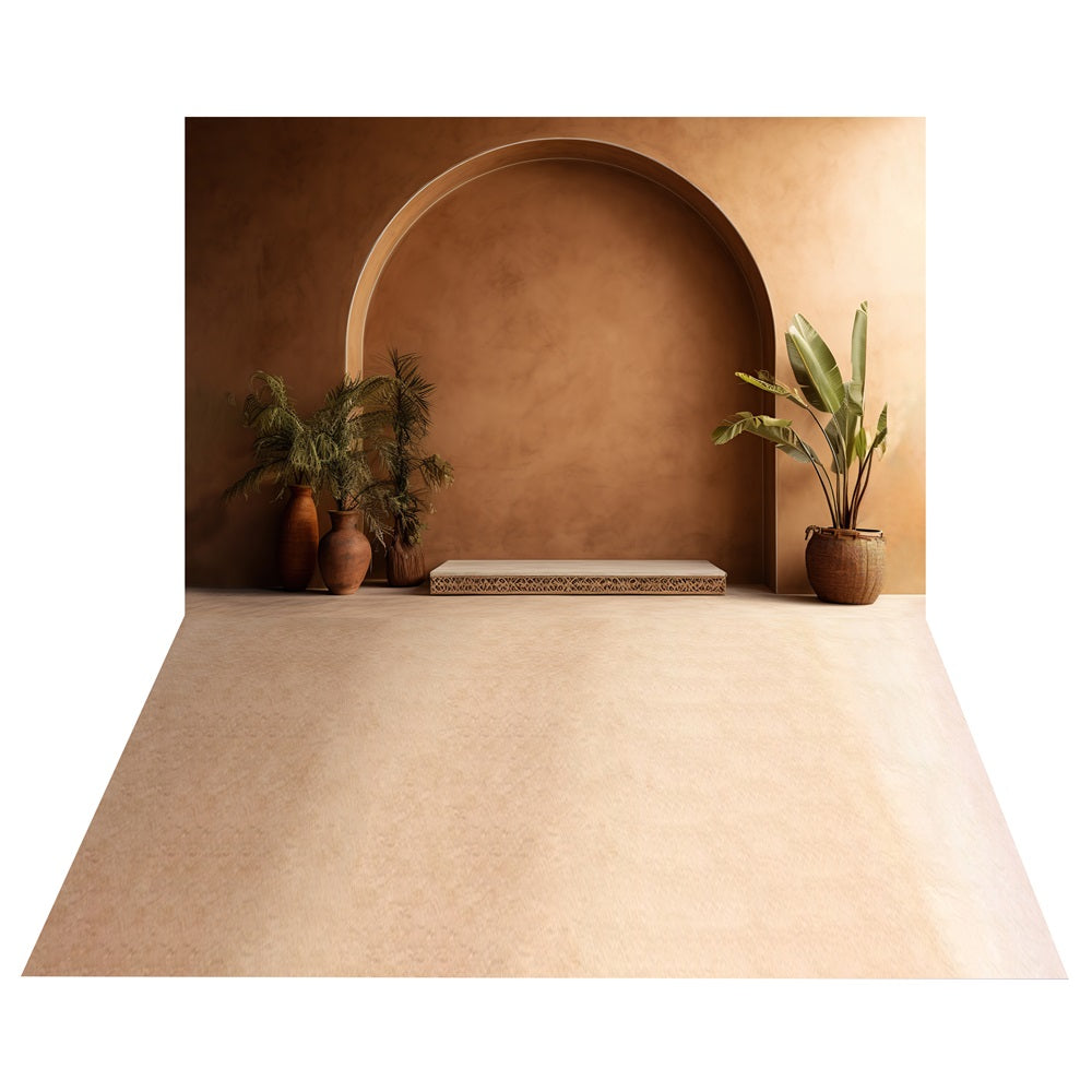 Boho Earthy Brown Archway Backdrop+Textured Beige Floor Backdrop UK BRP10-498