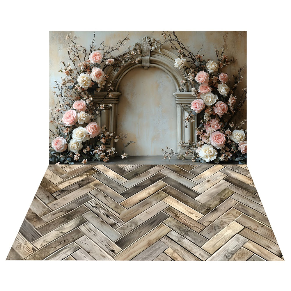 Boho Rose Arch Floral Backdrop+Classic Wood Floor Backdrop UK BRP10-500