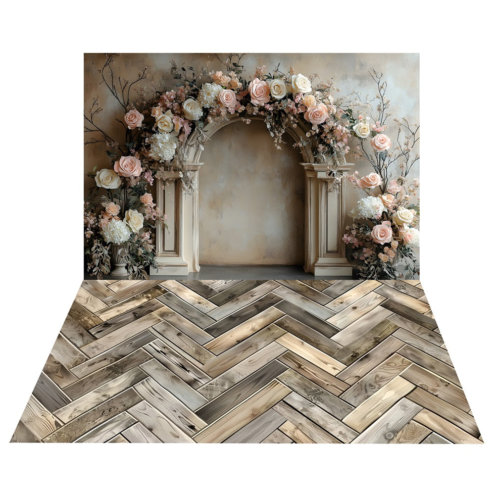 Boho French Archway Roses Backdrop+Wooden Herringbone Floor Backdrop UK BRP10-501