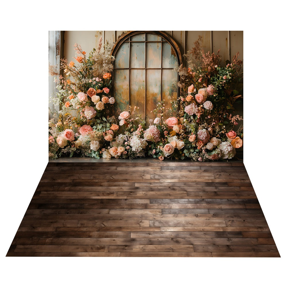 Boho Vintage Blossom Window Backdrop+Dark Wood Floor Backdrop UK BRP10-503