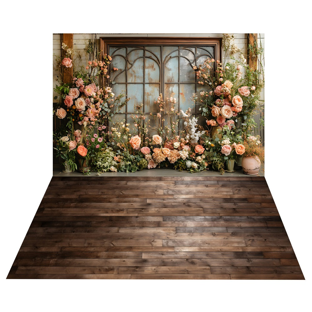 Boho Romantic Flower Window Backdrop+Wooden Floor Backdrop UK BRP10-504