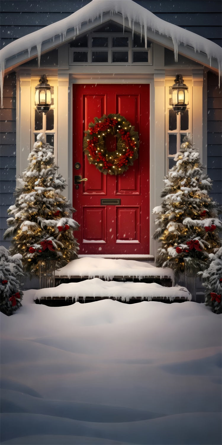 Christmas Snowy Porch Sweep Red Door Backdrop UK BRP10-507