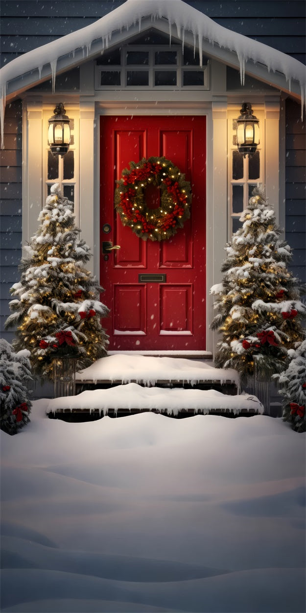 Christmas Snowy Porch Sweep Red Door Backdrop UK BRP10-507