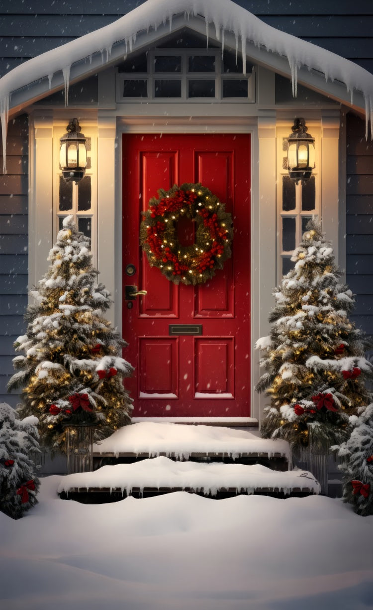 Christmas Snowy Porch Sweep Red Door Backdrop UK BRP10-507