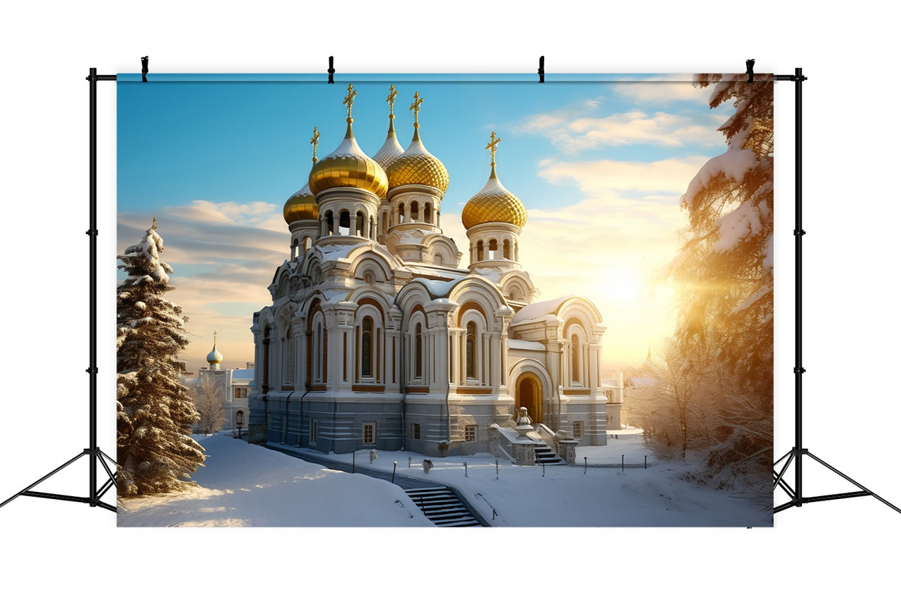 Winter Snow-Covered Cathedral with Golden Domes Backdrop UK BRP10-51