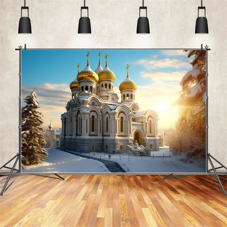 Winter Snow-Covered Cathedral with Golden Domes Backdrop UK BRP10-51