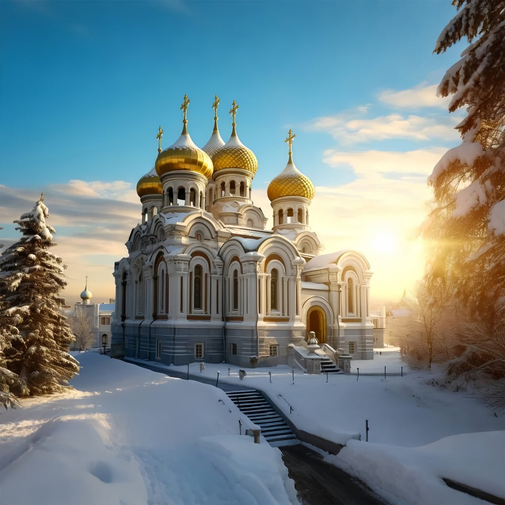 Winter Snow-Covered Cathedral with Golden Domes Backdrop UK BRP10-51