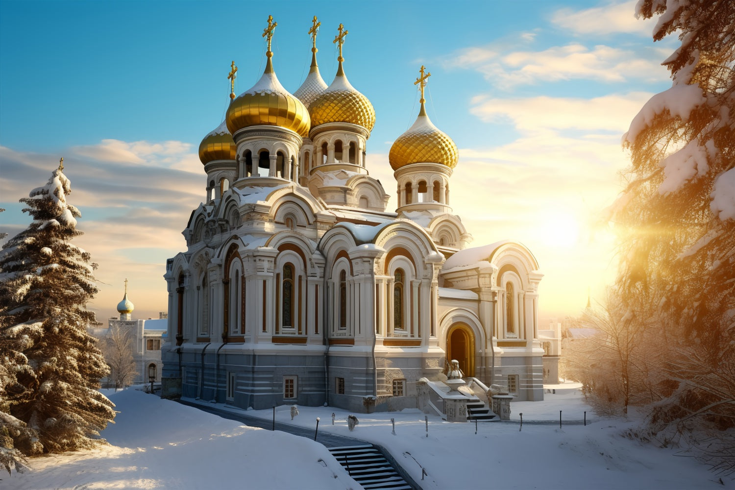 Winter Snow-Covered Cathedral with Golden Domes Backdrop UK BRP10-51