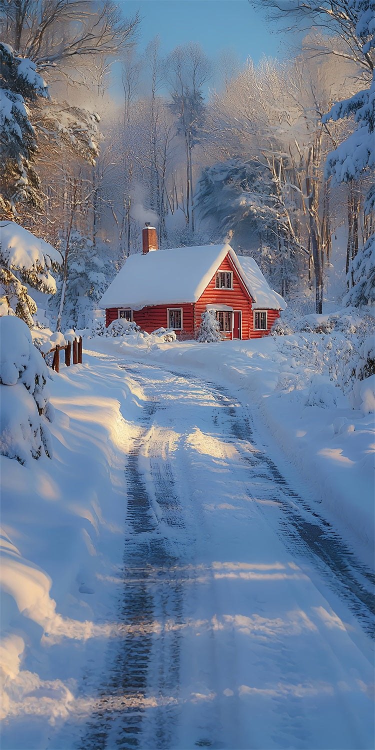 Winter Sweep Red Cottage Snowy Path Backdrop UK BRP10-516