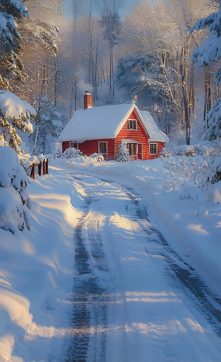 Winter Sweep Red Cottage Snowy Path Backdrop UK BRP10-516