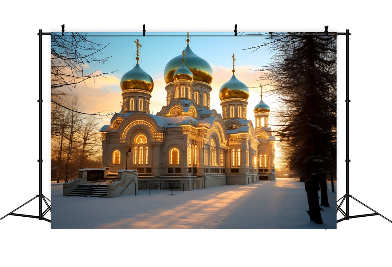 Winter Church Radiating Warm Light Snowy Backdrop UK BRP10-53