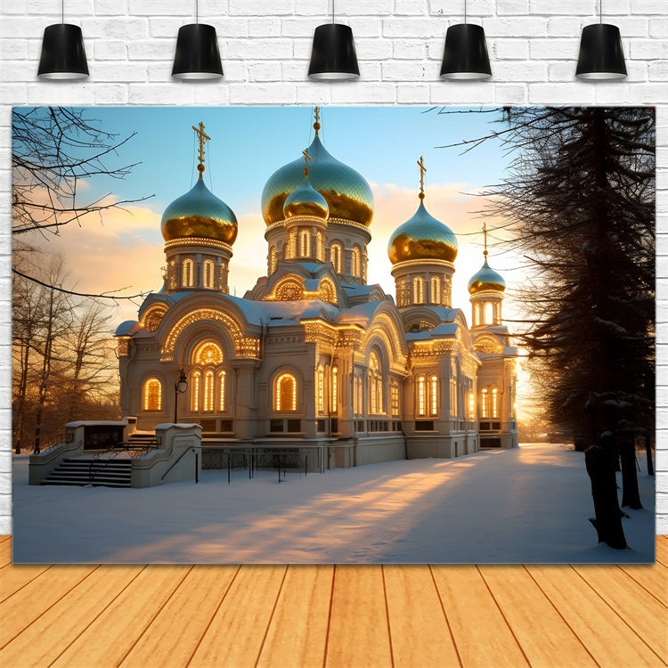 Winter Church Radiating Warm Light Snowy Backdrop UK BRP10-53