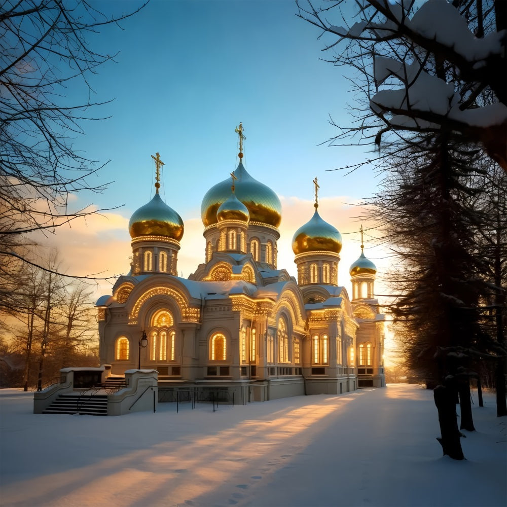 Winter Church Radiating Warm Light Snowy Backdrop UK BRP10-53