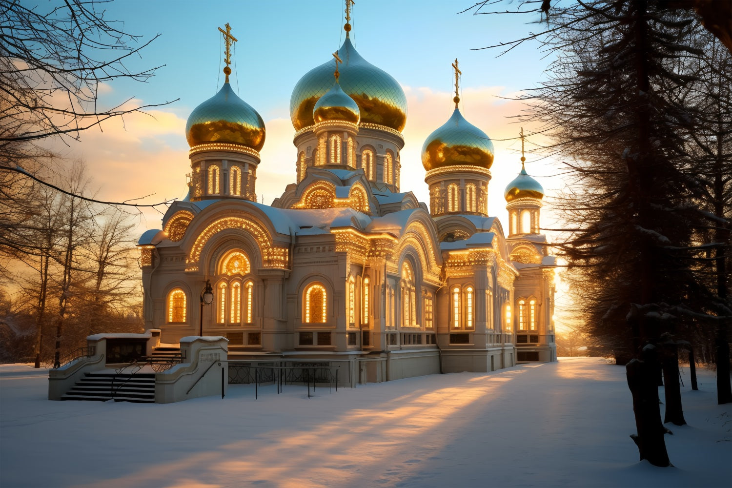 Winter Church Radiating Warm Light Snowy Backdrop UK BRP10-53