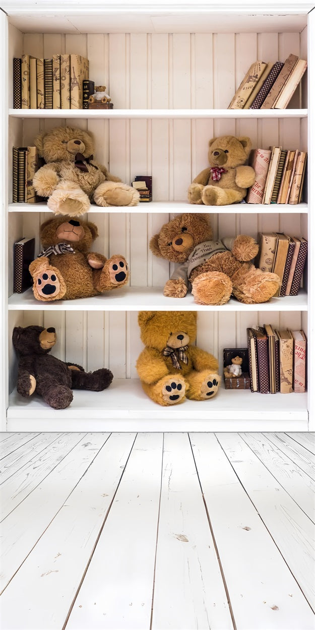 Cozy Bookshelf Bears Wooden Sweep Floor Backdrop UK BRP10-537