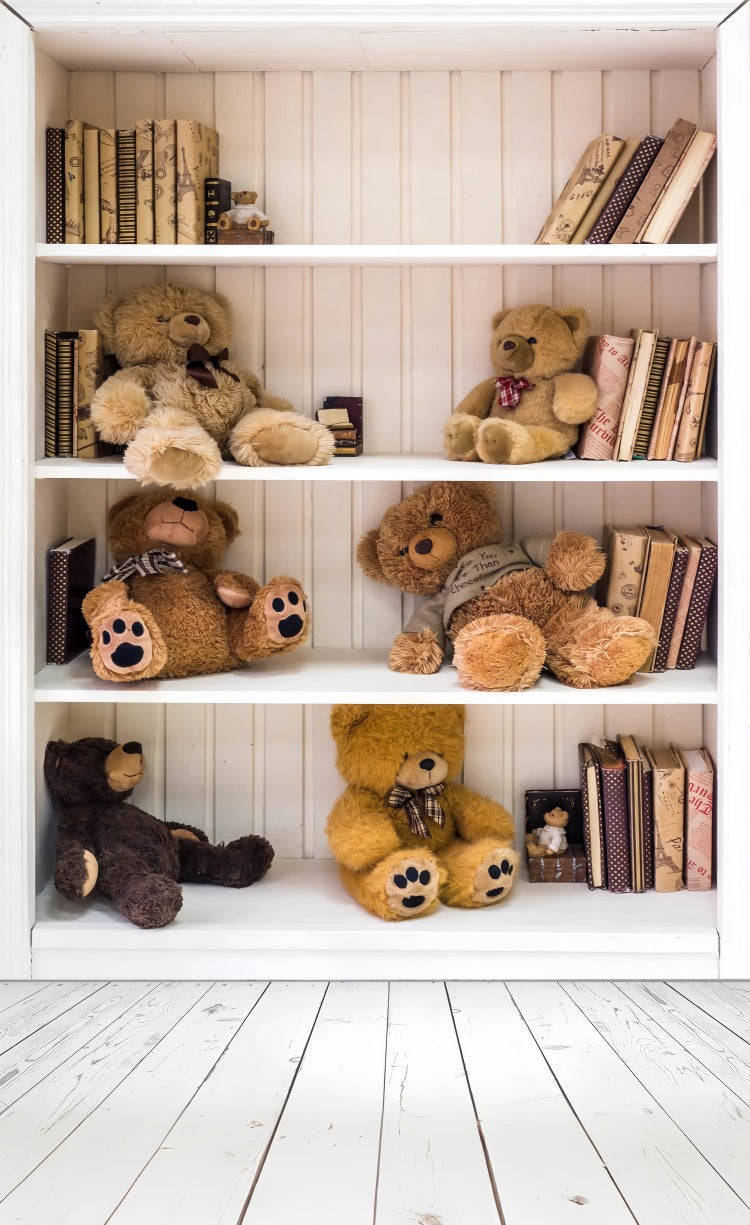 Cozy Bookshelf Bears Wooden Sweep Floor Backdrop UK BRP10-537