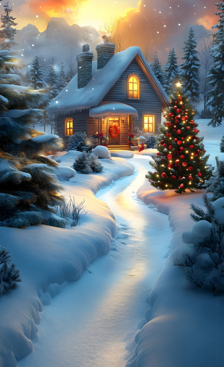 Snowy Christmas Eve Sweep Cabin Light Backdrop UK BRP10-553