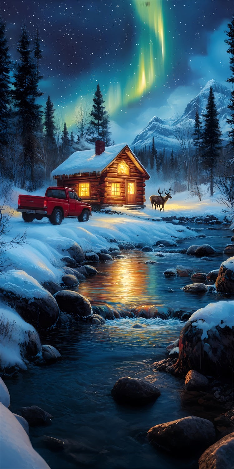 Winter Snowy Cabin Sweep Aurora River Backdrop UK BRP10-556