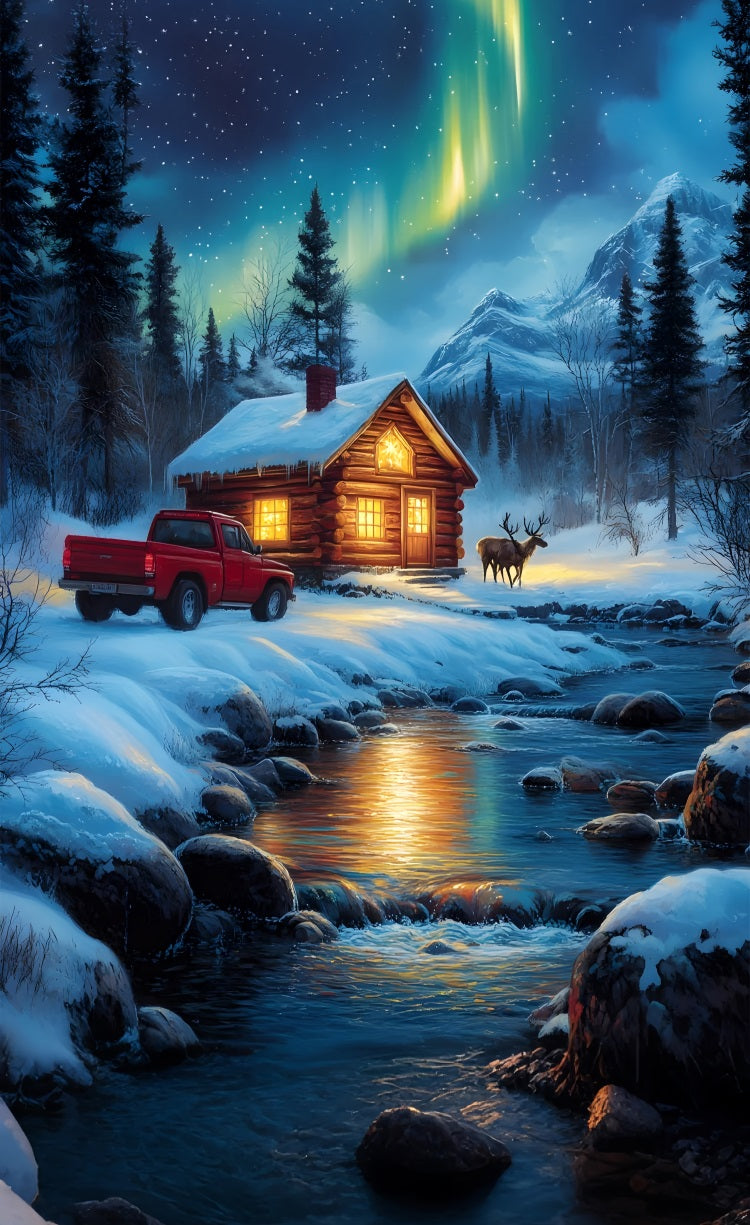 Winter Snowy Cabin Sweep Aurora River Backdrop UK BRP10-556