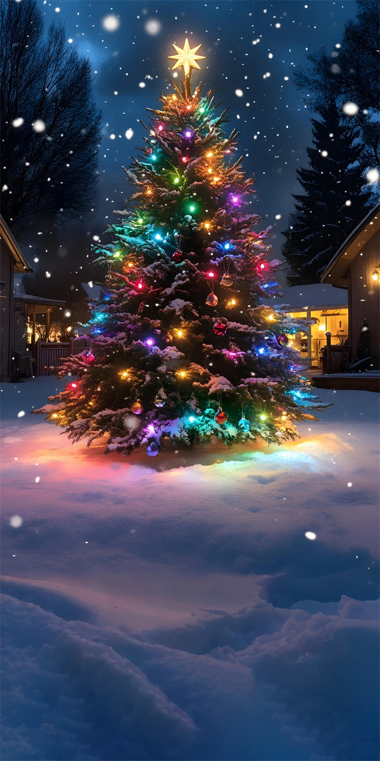 Colorful Christmas Tree Under Snowfall Sweep Backdrop UK BRP10-558