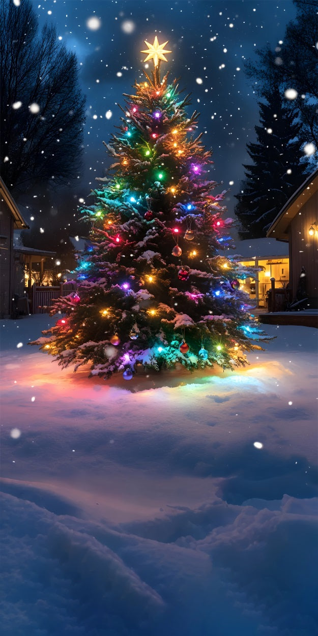 Colorful Christmas Tree Under Snowfall Sweep Backdrop UK BRP10-558