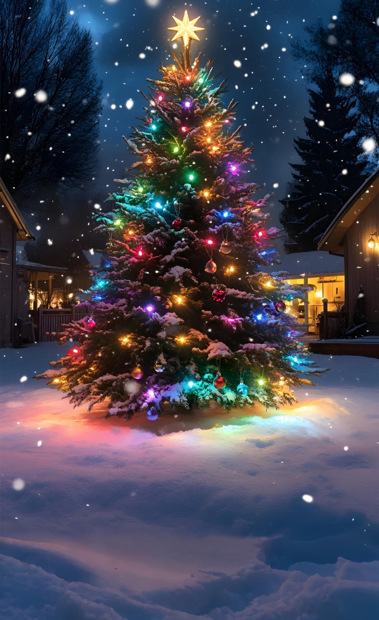 Colorful Christmas Tree Under Snowfall Sweep Backdrop UK BRP10-558