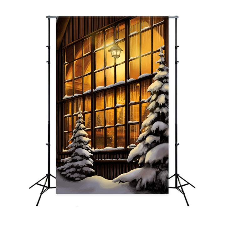 Winter Cozy Wooden House Large Glowing Windows Backdrop UK BRP10-56