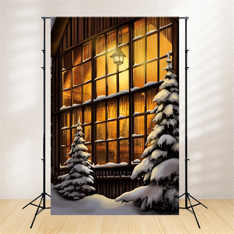 Winter Cozy Wooden House Large Glowing Windows Backdrop UK BRP10-56