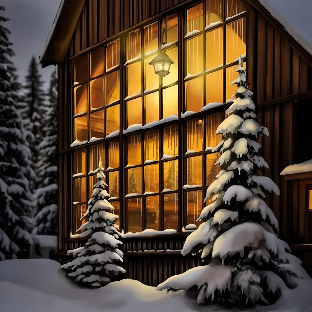 Winter Cozy Wooden House Large Glowing Windows Backdrop UK BRP10-56