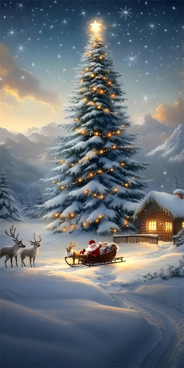 Christmas Santa Deer Sweep Snowy Tree Backdrop UK BRP10-562