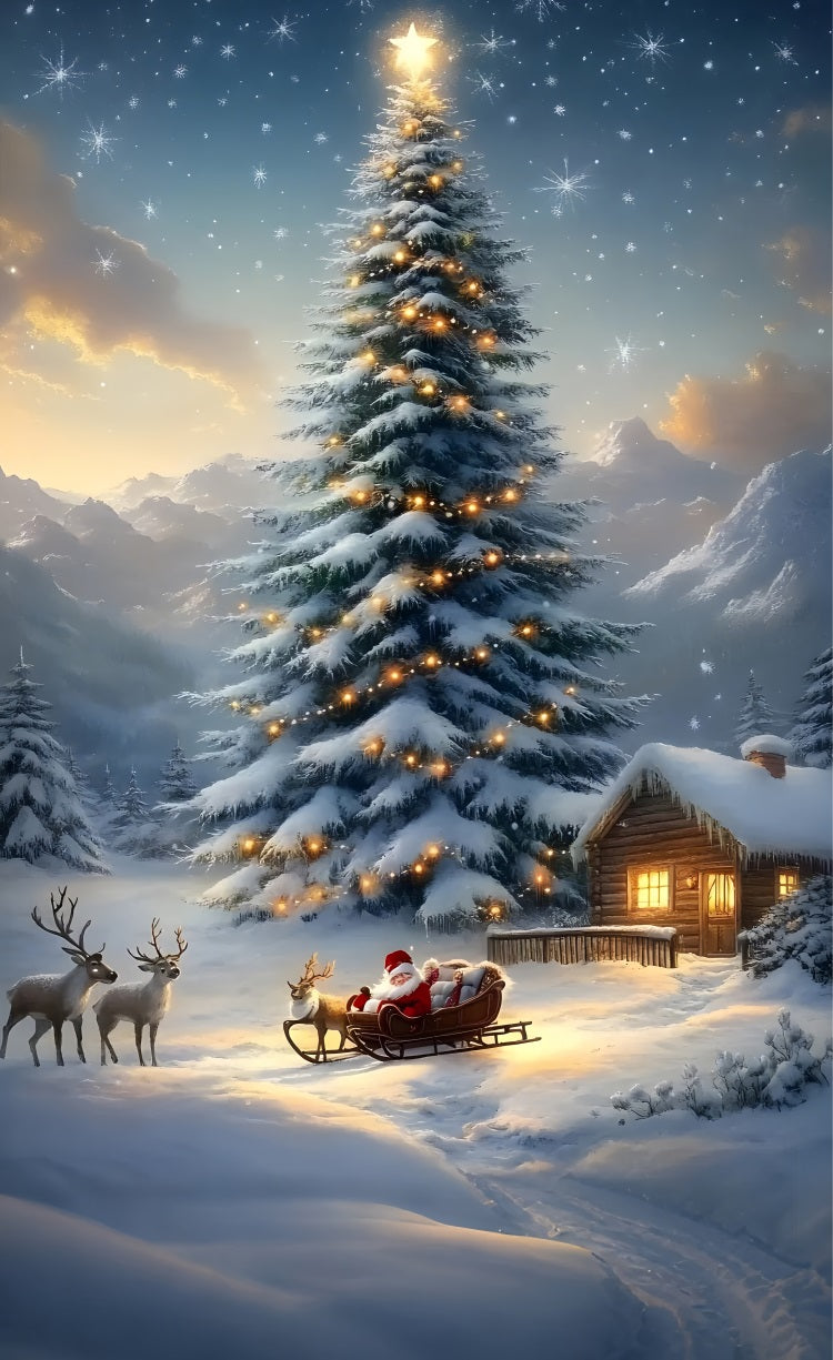 Christmas Santa Deer Sweep Snowy Tree Backdrop UK BRP10-562