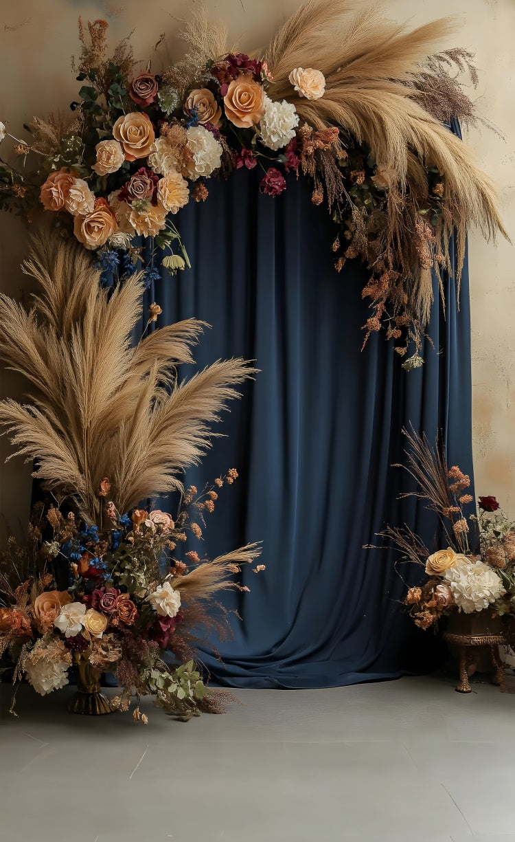 Bohemian Sweep Pampas Flower Blue Curtain Backdrop UK BRP10-570