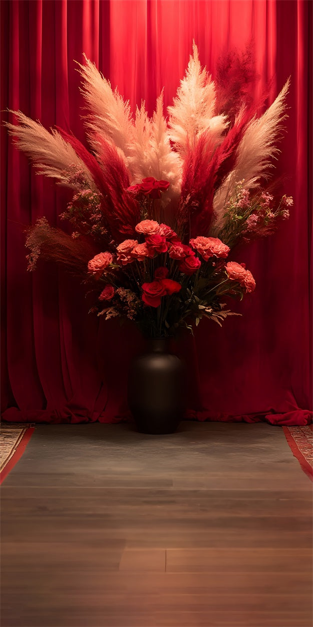 Boho Red Pampas Roses Sweep Photography Backdrop UK BRP10-571