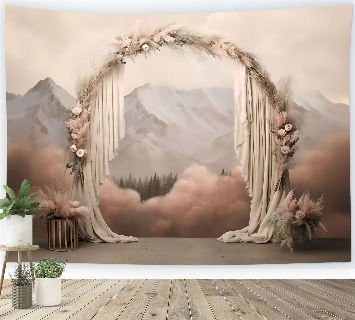 Boho Background Draped Arch Mountains Floral Backdrop UK BRP10-584